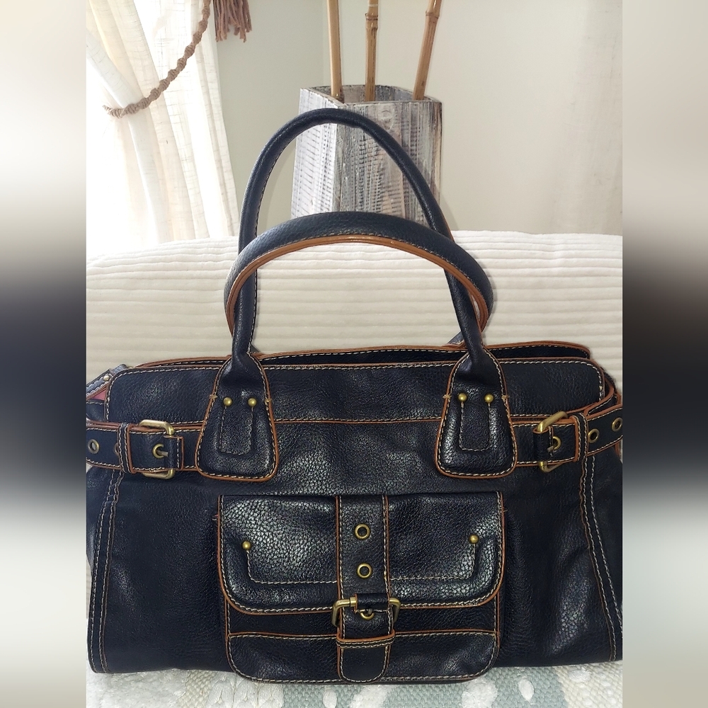 🏷Tommy HILFIGER VINTAGE Classic Black Leather Satchel with Tan Trim